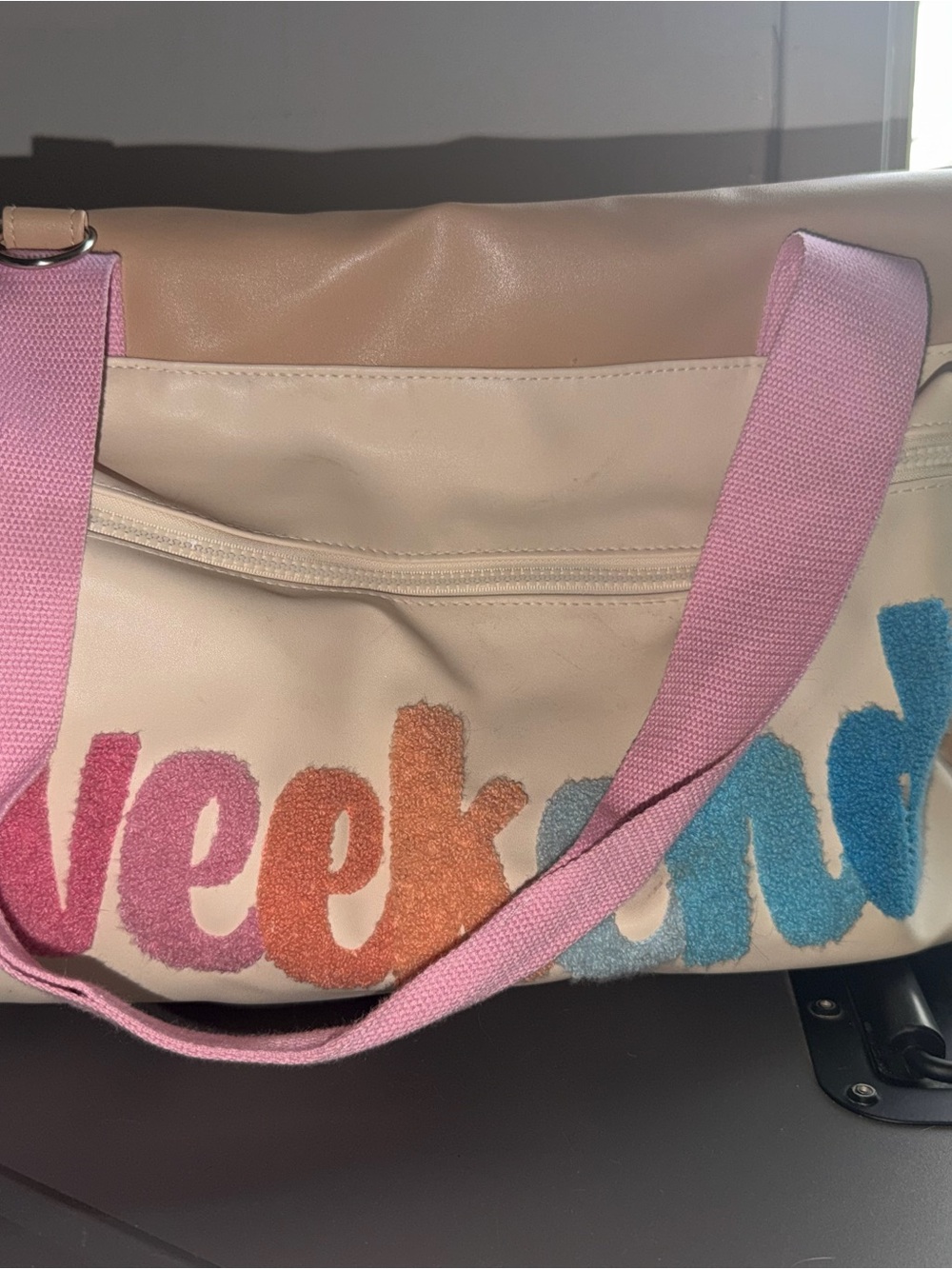 Weekend Tote Bag in Cream with Pink Strap